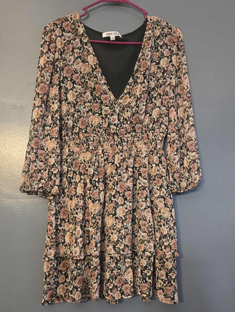 Mimi Chica Black Floral V-Neck Smocked Waist Long Sleeve Dress